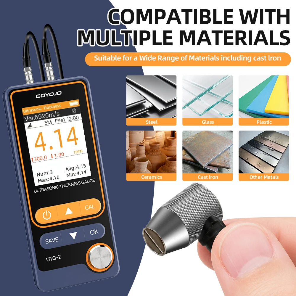 Jauge d'épaisseur ultrasonique GOYOJO 1–300 mm, portable, pour métaux/acier, mesureur d'épaisseur NDT avec stockage de données, précision ±0,4%