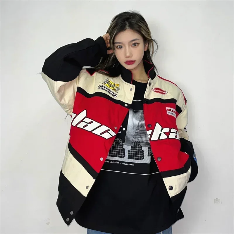 Original Amekaji Vintage Embroidery Stickers Racing Suit Single Breasted Coat Cotton Sandwiched Motorcycle Loose Print Jacket