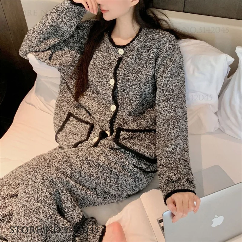 

Winter New Half-Brushed Fleece Female 2Pcs Pajamas Set Lounge Wear Thicken Warm Sleepwear Trouser Suits Loose Casual Homewear
