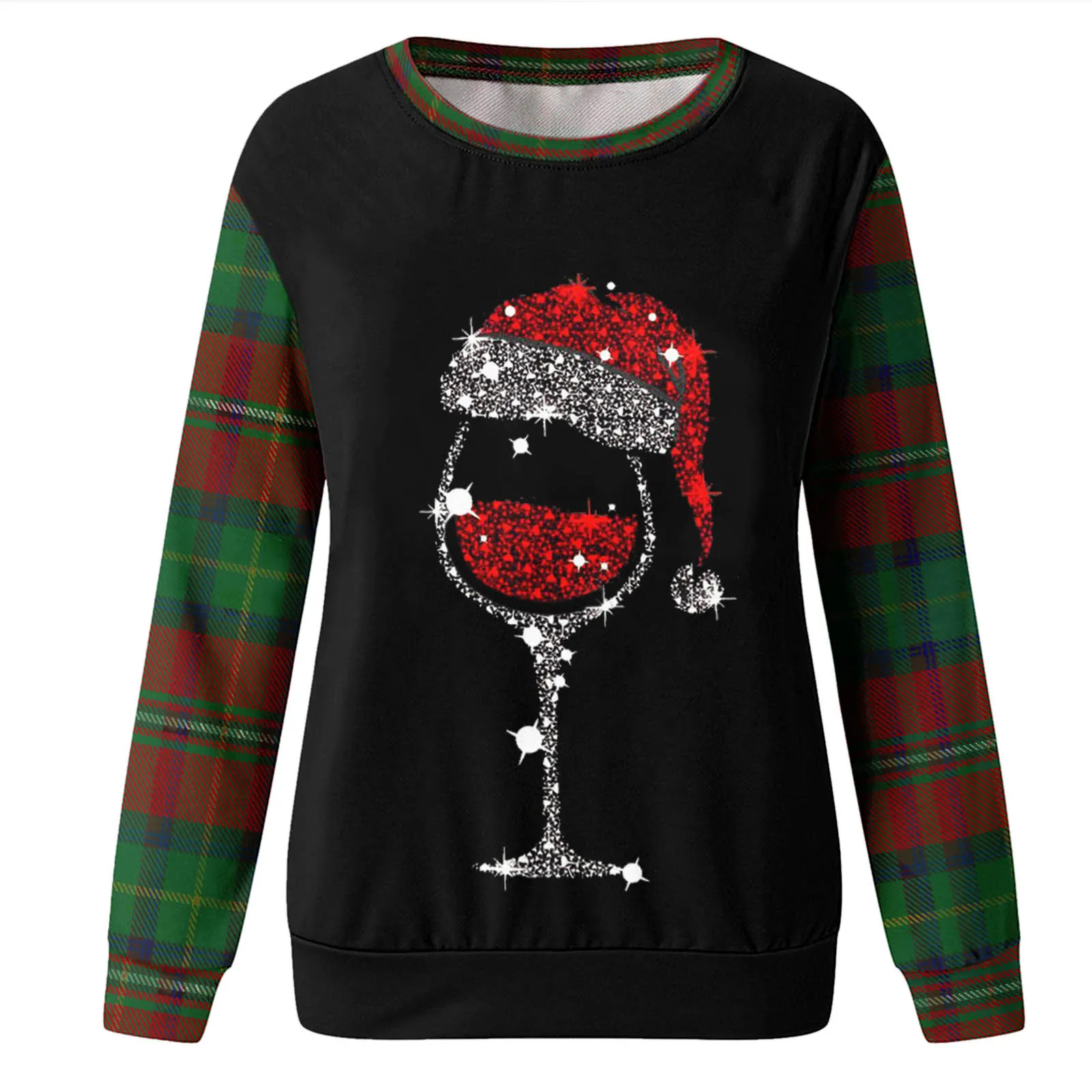 2024 Christmas Print Women Crewneck Hoodies Plaid Patchwork Long Sleeve Red Wine Glass Graphic Pullovers Sweater Warm Sweatshirt