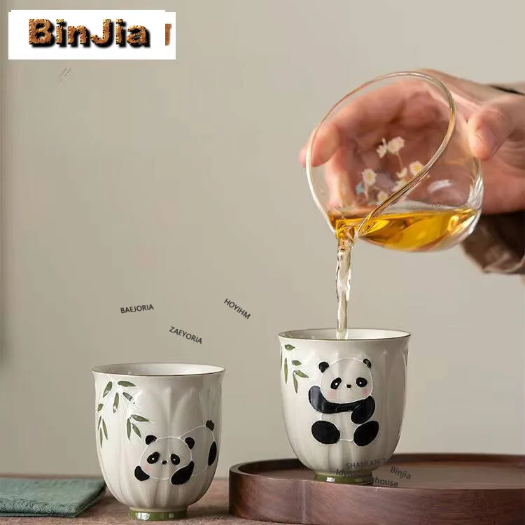 110ml Retro Pflanzengraue Glasur Teetasse Handbemalte Panda-Eigentümer-Tasse Niedliche Damen-Teepaar-Kaffeetasse Kung-Fu-Teeset Trinkgeschirr