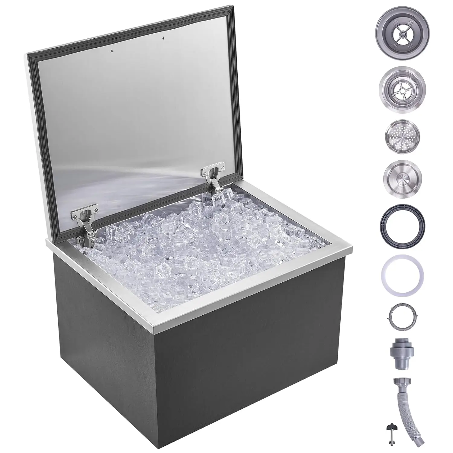 Ice Bin Cooler Chest Stainless Hinged Lid Drain Pipe Plug 40 Quart Storage