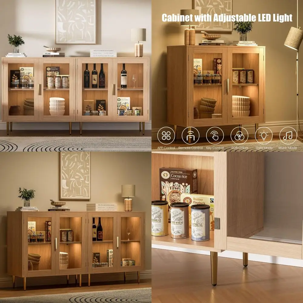 Modern LED-Illuminated Sideboard Buffet Cabinet with 4 Doors, Coffee Bar Storage Solution, and Shelving for Contemporary Home En