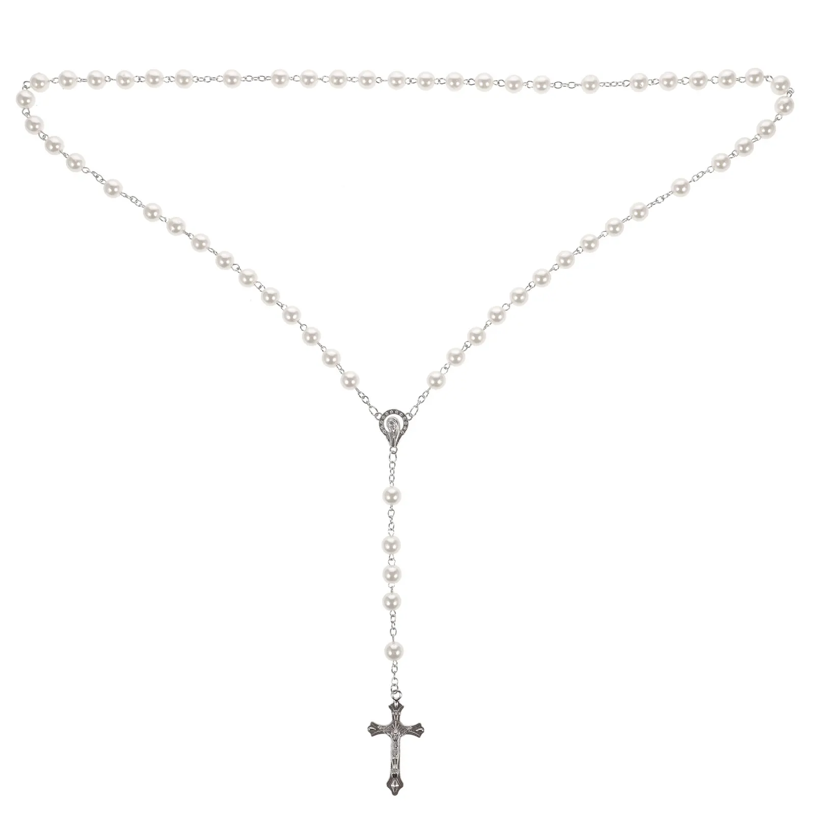 1pc Jesus Necklace Fashion Pearl Rosary Catholic Cross Beads for Women Trendy Religious Jewelry Virgin Mary Jesus for Party