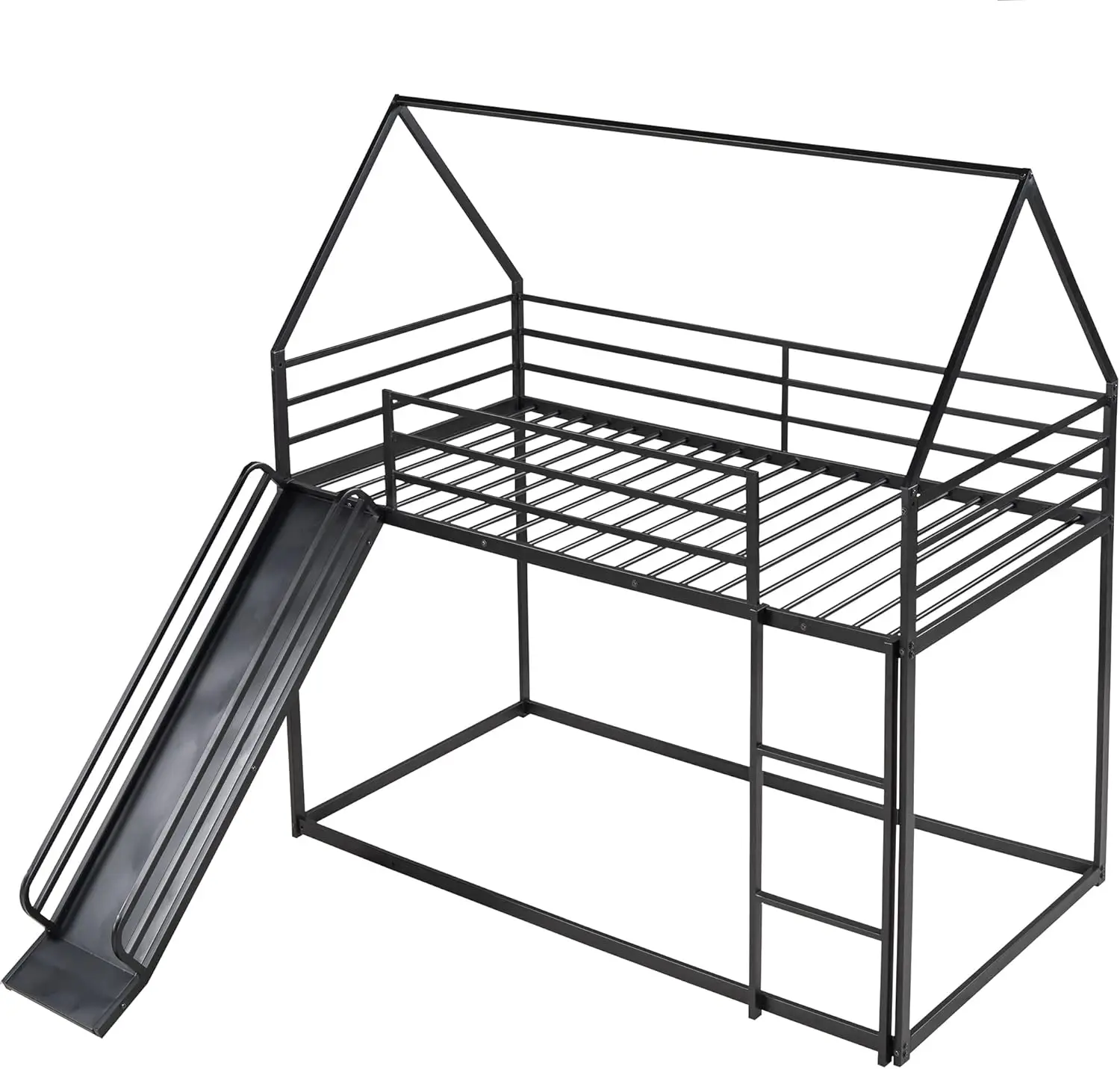 슬라이드 및 트윈 오버 트윈 금속 벙커침대 프레임 침대, 낮은 벙커침대, 어린이, 소년, 소녀, 십대, 블랙