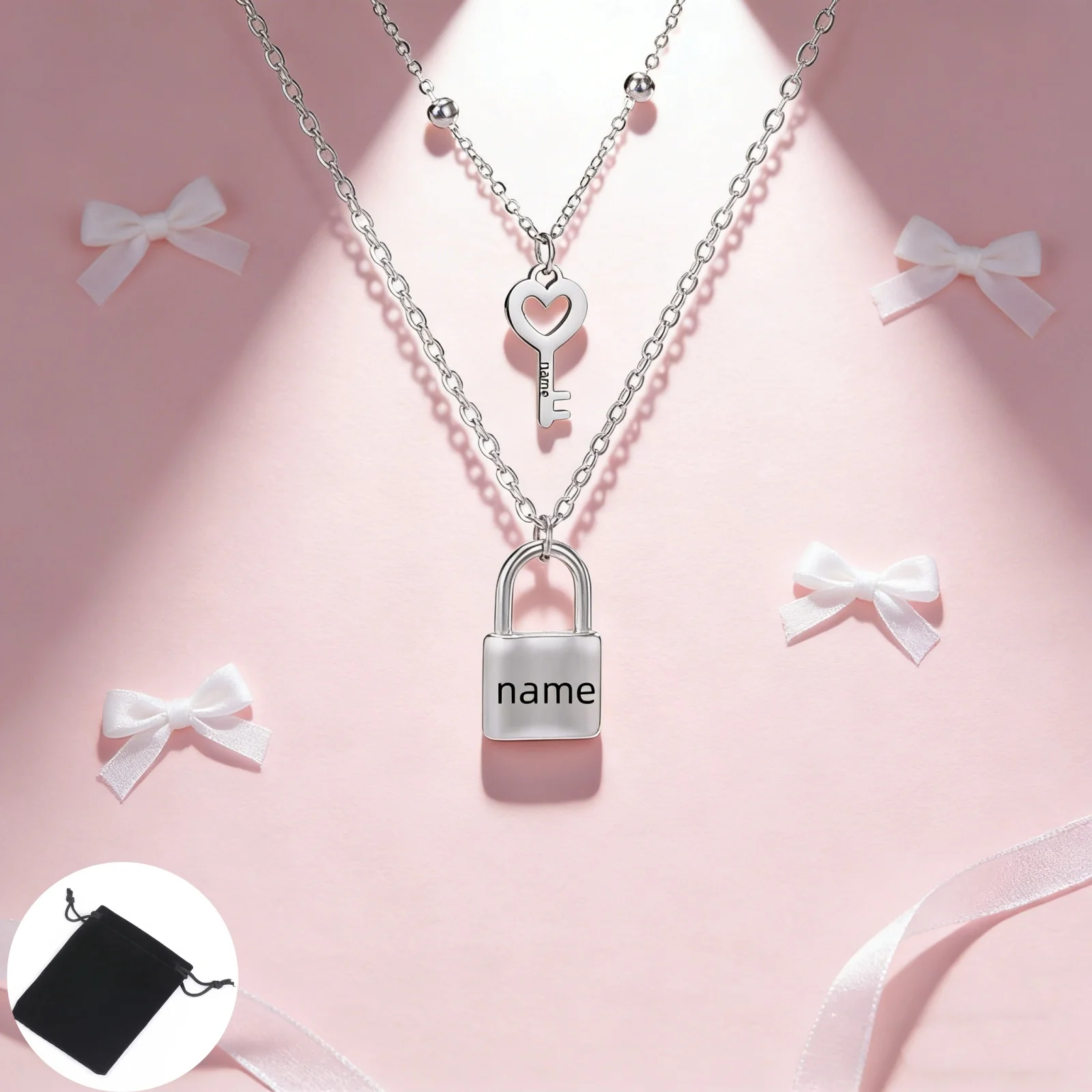 Customized Name Text Punk Key Padlock Necklace Stainless Steel Personalized Hip-Hop Padlock Heart-Shaped Necklace Party Jewelry