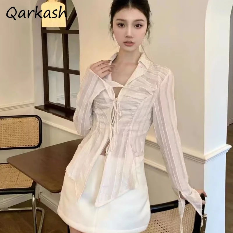 

Shirts Women Japanese Style Sweet Elegant All-match Simple Popular Asymmetric Long Sleeve Y2k Turn-down Collar Spring College