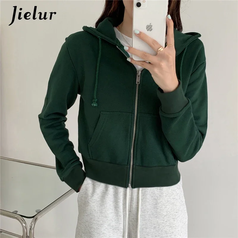 Jielur kurze Reiß verschluss Kapuze Sweatshirts Frauen All-Match lose süße reine Farbe Hoodies Mantel Kordel zug Tasche grau Sweatshirt M-XL