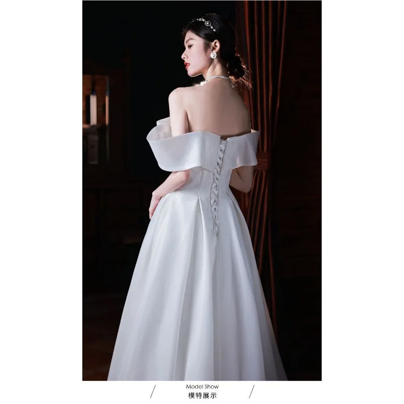 قبالة الكتف عرق فساتين زفاف طويلة النساء القوس الكبير الأميرة صور تبادل لاطلاق النار فساتين الزفاف حفلة موسيقية فستان الأداء ثوب