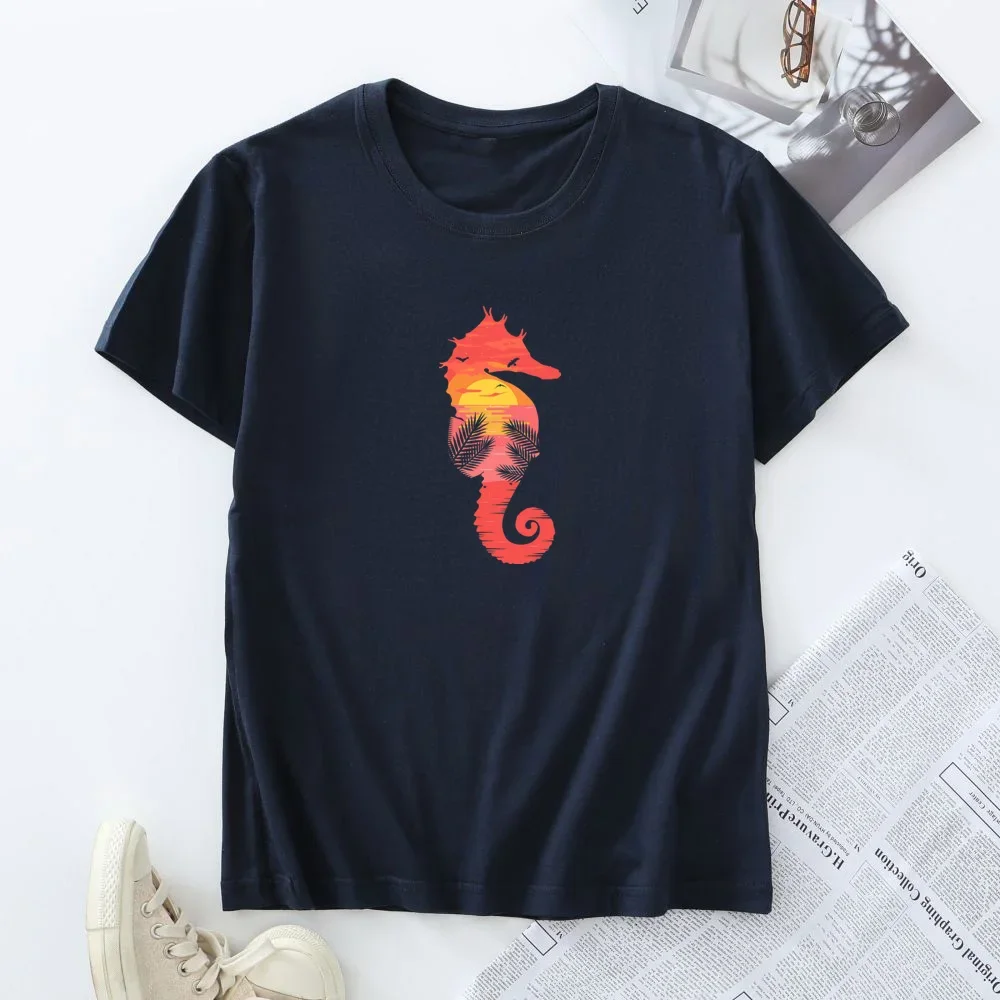 Women's T-shirt Short Sleeve Tee Women Tops Oversized Female Tshirt New Seahorse Graphic T Shirts Woman Summer 100% Cotton