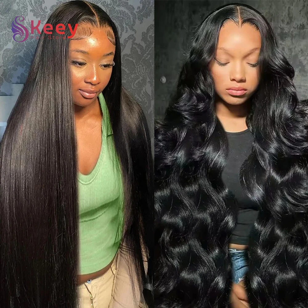40인치 스트레이트 13x6 HD 투명 레이스 프론탈 가발 200% 밀도 바디 웨이브 인모 내추럴 블랙 브라질리언 인모 가발