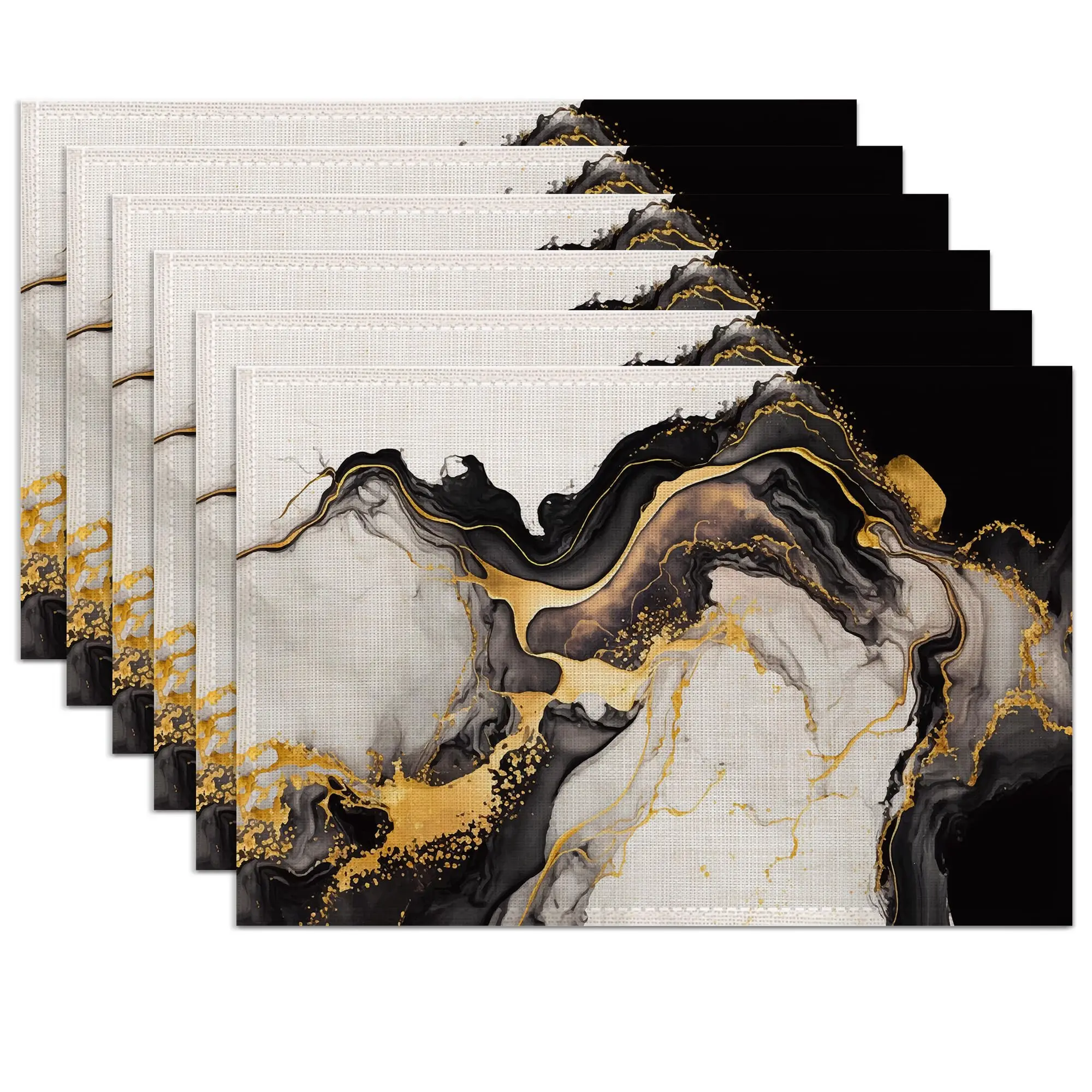White Black Placemats Set of 6,Washable Heat Resistant 12×18 Inch Linen Table Mats Golden Marble Place Mats for Table Décor