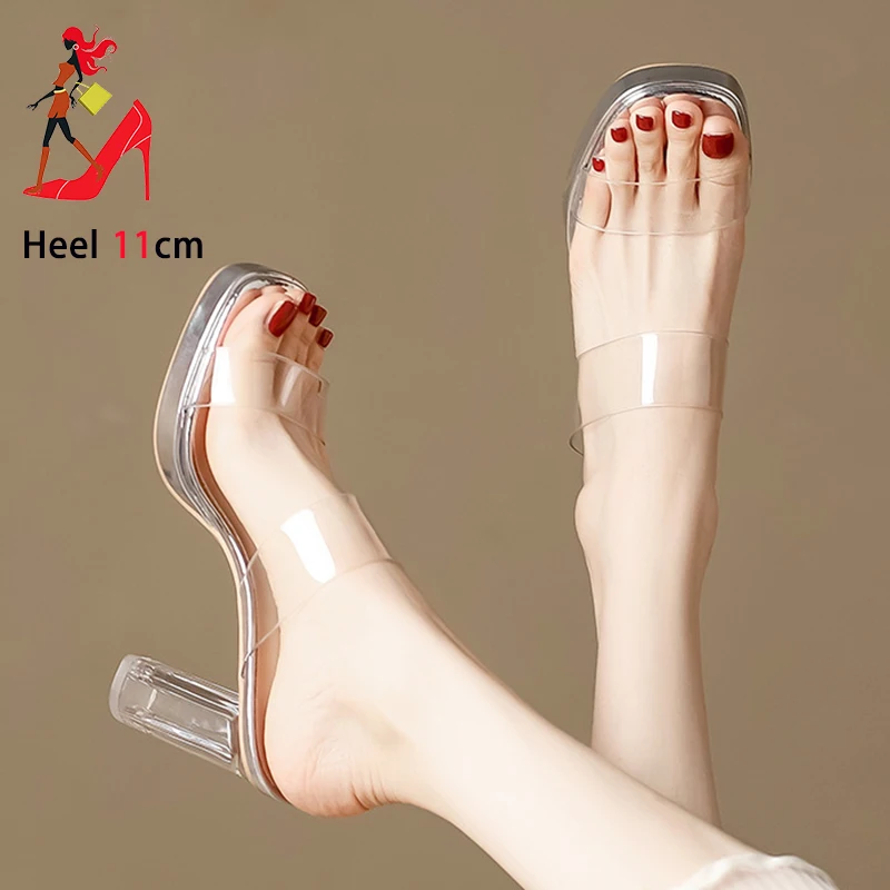 Sexy Transparent Slippers For Women 7CM 9CM 11CM Clear Heels Summer Square Toe Female Shoes 2025 New Thick Platform PVC Sandals