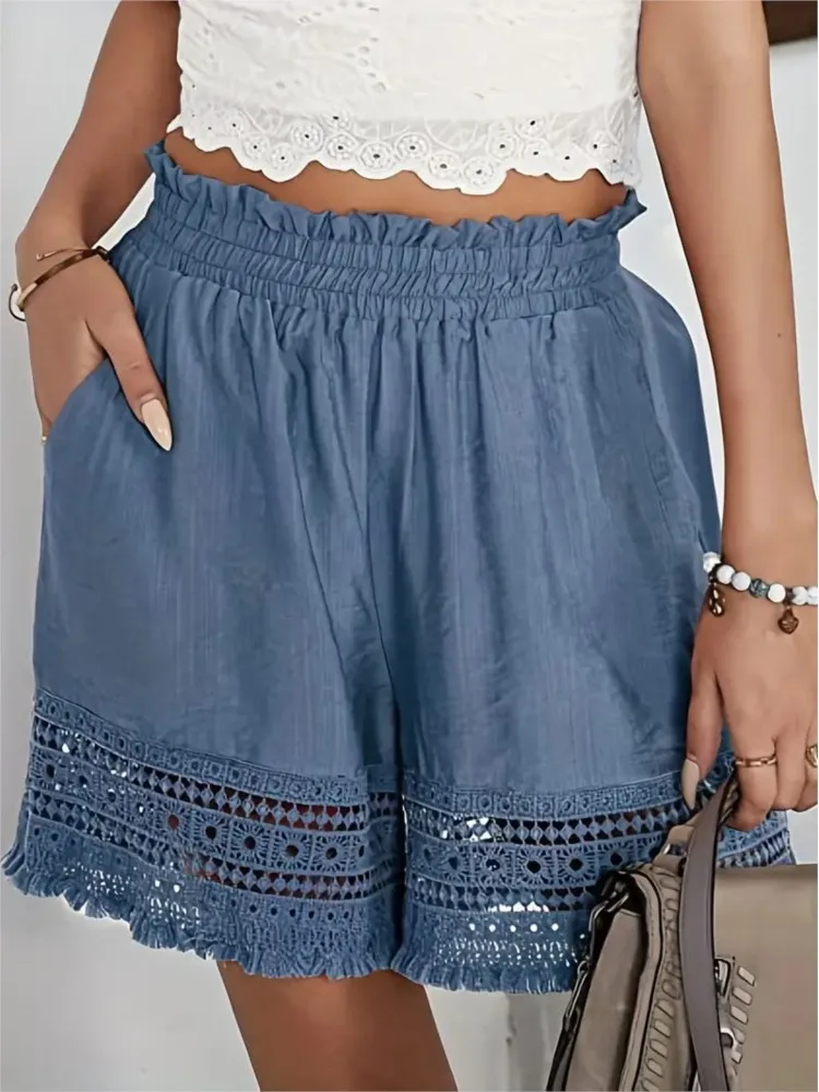 

Women's New Solid Hollow Lace Shorts Summer Casual High Waist Breathable Shorts Fashion Loose Women's Design Comfort Shorts