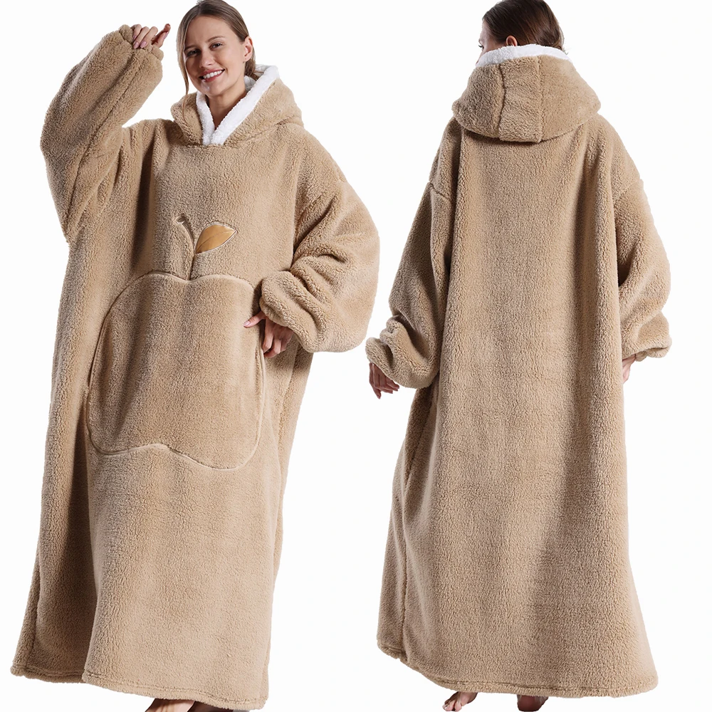 Long Wearable Hooded Blanket for Women Men Large Apple Pocket Plush Sherpa Fleece Warm Oversized Robe Blanket Sofa Watching TV