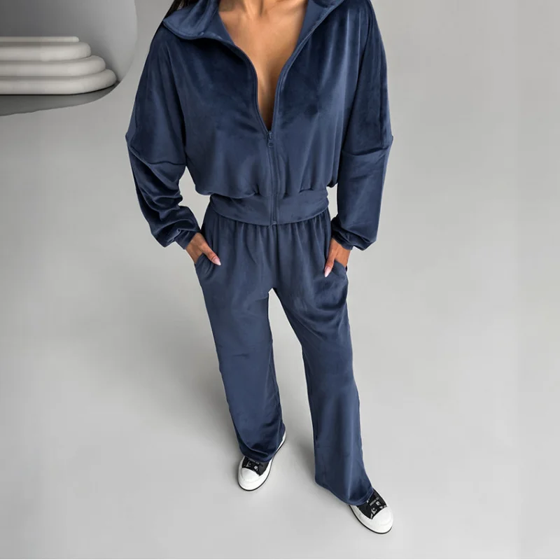 Autumn Winter Tracksuit Fashionable Sporty Navy Blue Small Stand Collar Two-Piece Sport Pants Set For Street Casual Women'S Wear