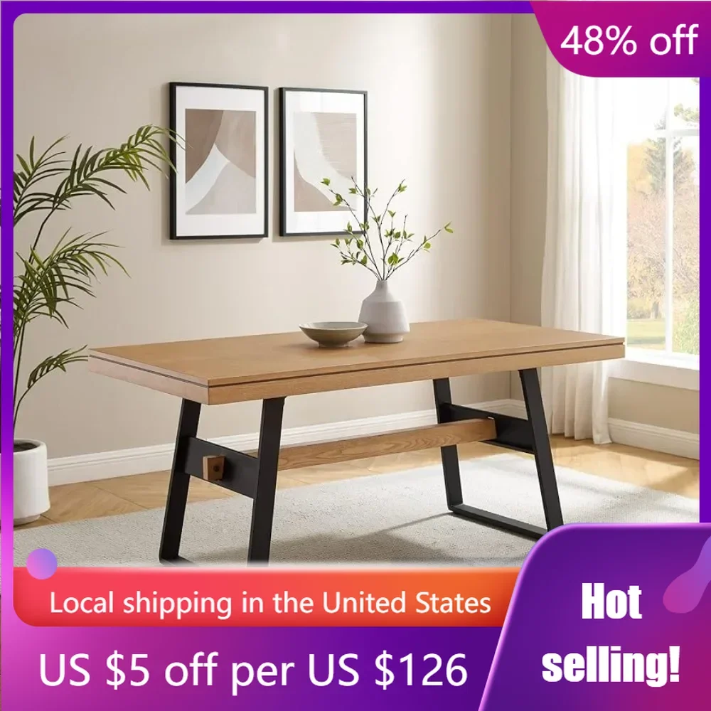 

Connely Urban Trestle-Style Metal and Wood Dining Table 72 Inch Furniture Light Oak Freight Free Room Home