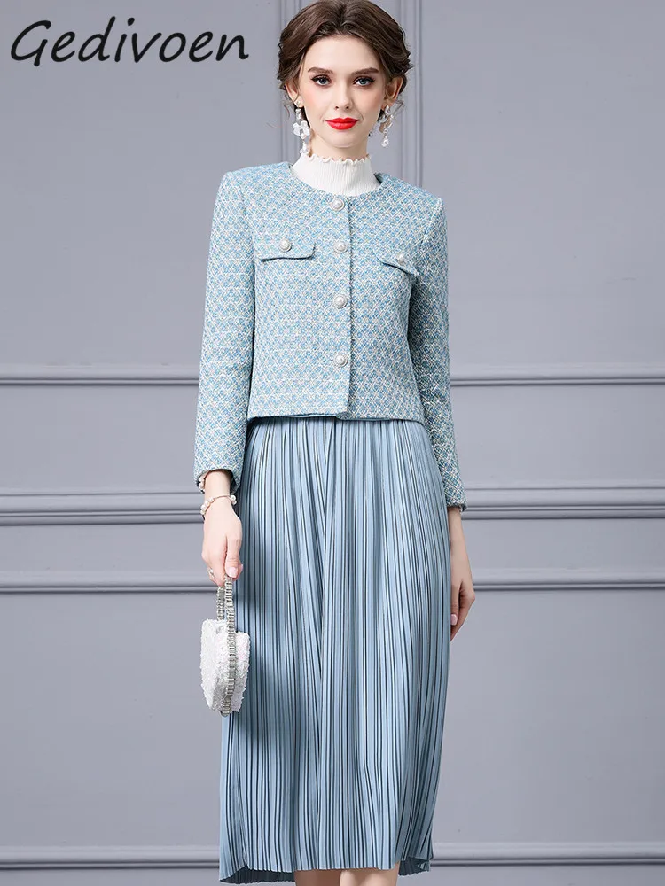 Gedivoen Winter Fashion Runway Light Blue Vintage Skirt Set Women O-neck Button Pockets Slim Coat+Long Pleated Skirt 2 Piece Set