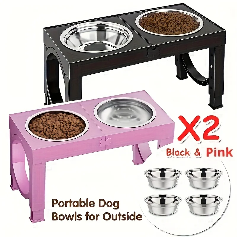 

2 Set Elevated Dog Bowls, Black&Pink Raised Pet Feeder with 4 Stainless Steel Bowls, Elevated Dog Food Water Feeding Bowls, Easy to Clean, 5 Heights Adjustable, 3.15'' to 13.78'', Suitable for Medium Large Breed Dogs