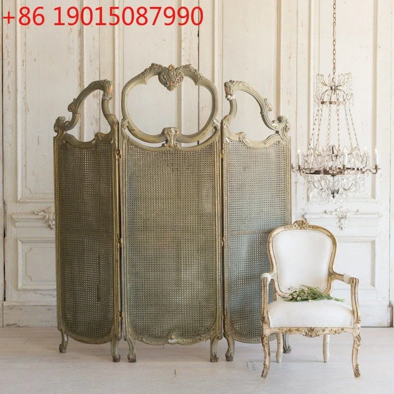 

Solid wood vintage art entrance screen French solid wood carved vintage partition rattan decorative partition wall customization