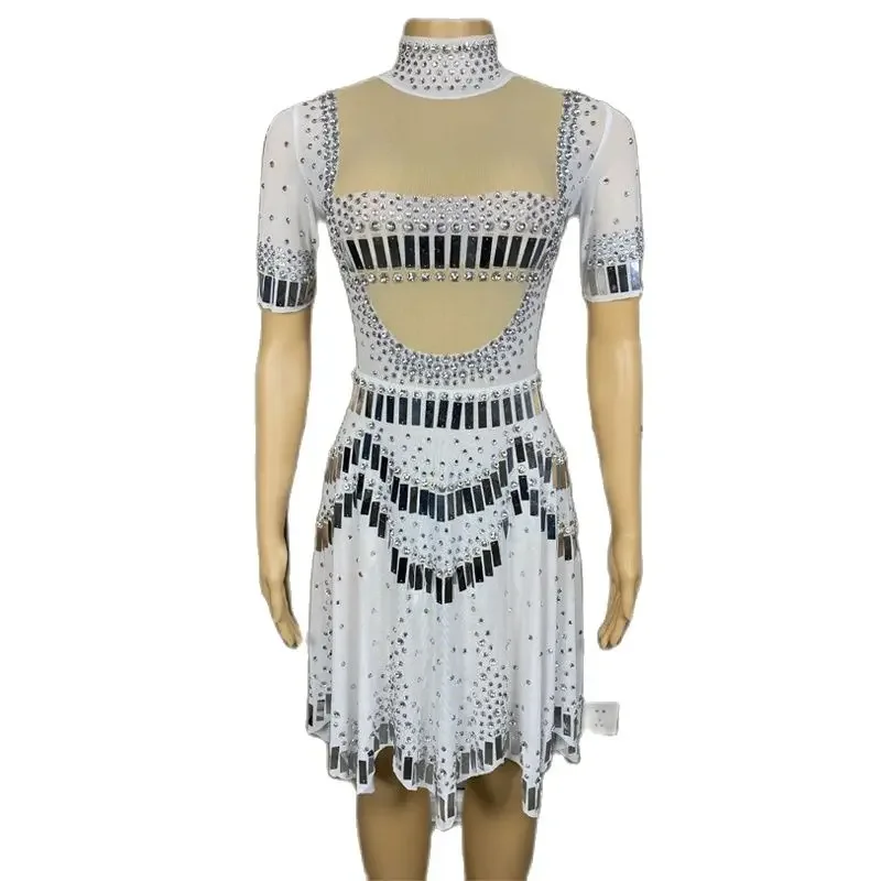 Abiti da sera da festa bianchi a maniche corte con paillettes e strass Abito da donna Festival Outfit Compleanno Festeggia il costume XS6958