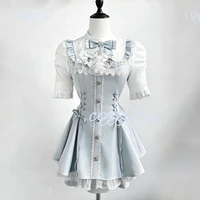 Japanese Jirai Kei Waist-Cinched Black Long Dress Y2K Mass Produce Dark Lace Outfit Summer Sweet Lolita Dress Set 3