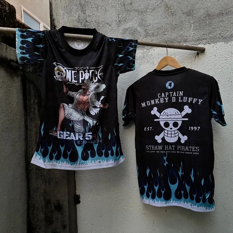 Camiseta con estampado de anime de una pieza para hombre, camiseta gráfica de personajes de Luffy Gear 5 con diseño de elemento pirata con sombrero de llama y paja para la moda