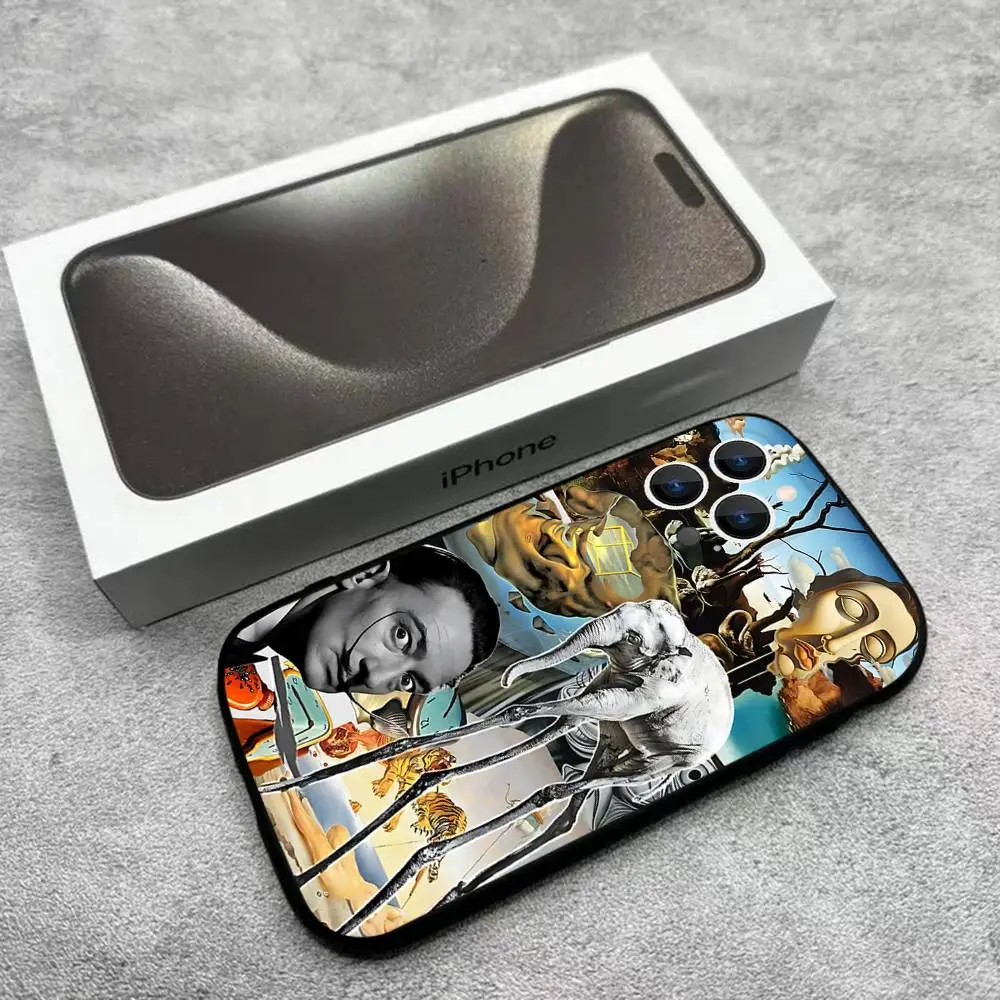 حافظة هاتف S-Salvador D-Dali Art لهاتف iPhone 17,16,15,14,13,12,Pro,Max,Plus,E,SE4,Air,Mini Black Soft Box