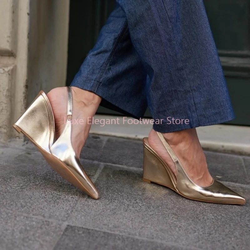 

Gold Pointed Toe Slingback Wedges Heel Sandals Women Sexy Solid Suede Hollow High Heels Elegant Luxury Causal Party Dress Shoes