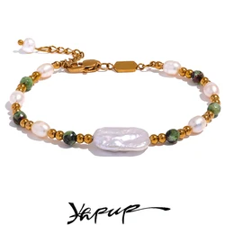 Yhpup Luxury Baroque Natural Epidote Stone Freshwater Pearls Handmade Stainless Steel Beads Bracelet Bangle PVD Jewelry Women