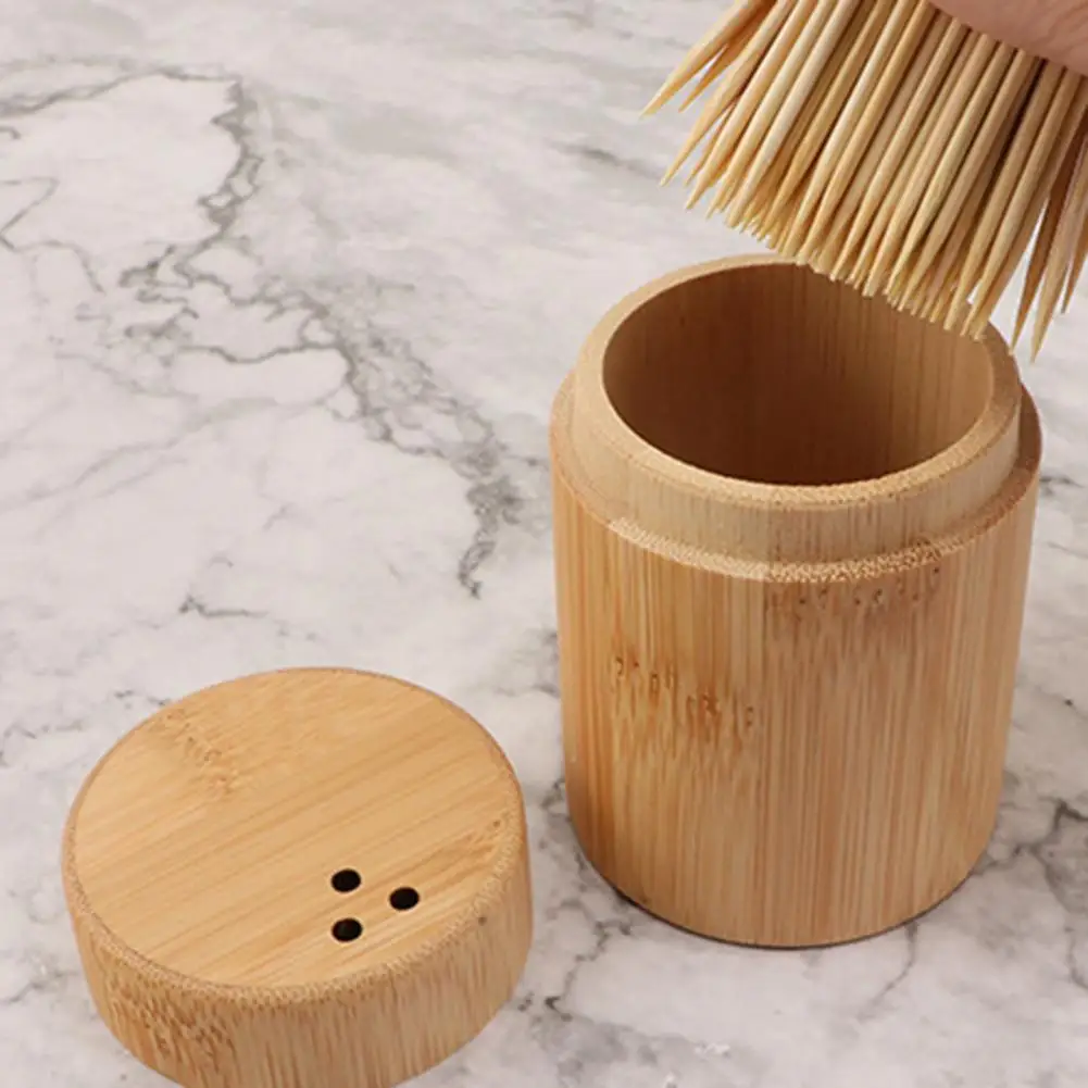 Round Toothpick Holders Bamboo Tooth Pick Dispenser Box Home Living Room Dining Room Toothpick Holder Tooth Pick Container