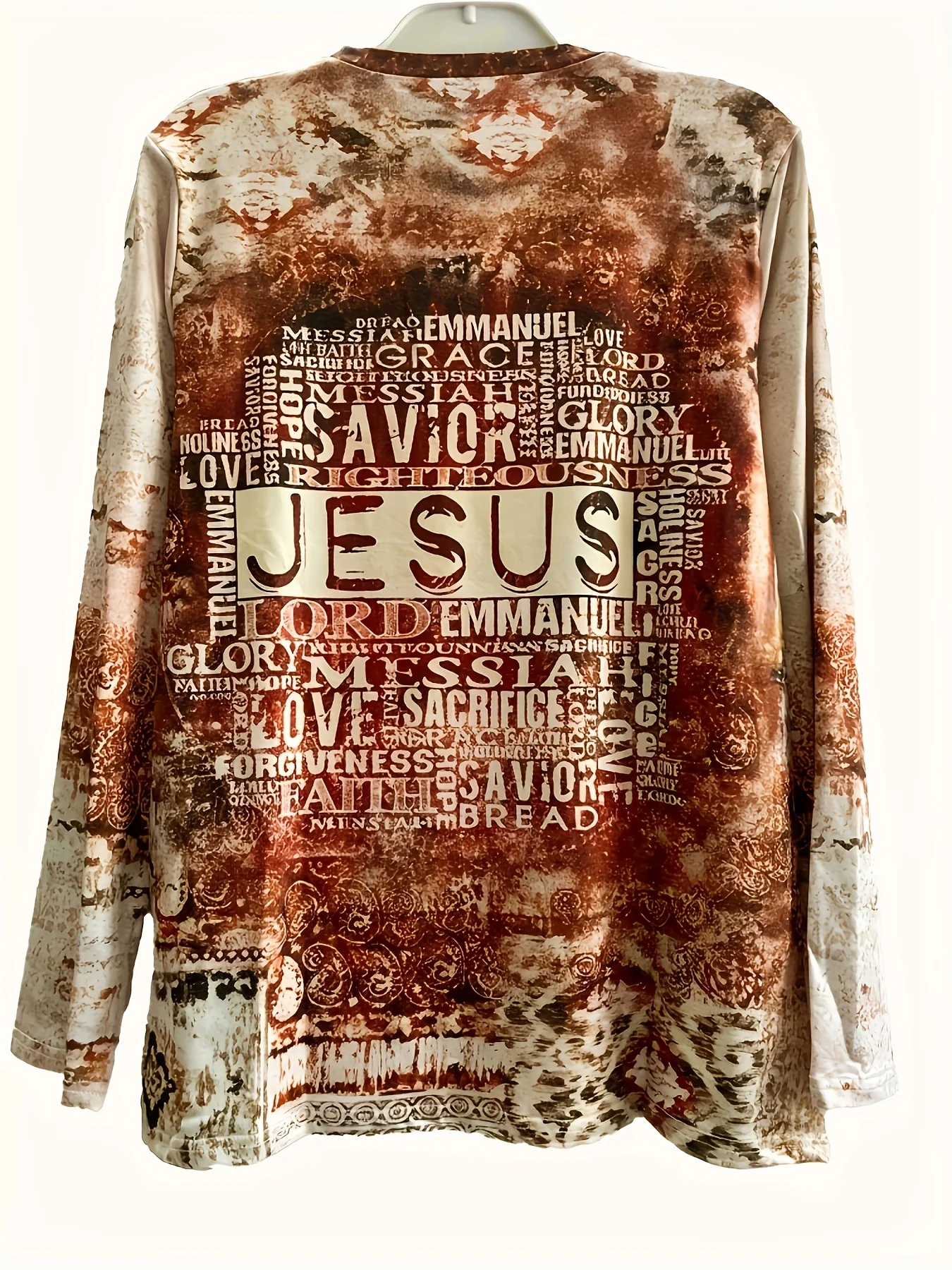 Women's Long Sleeve T-Shirt, Jesus Savior Emmanuel Grace Love Glory Religious Word Art Print Top, All-Winter Holiday Style Top Suitable For Leisure And Sports Scenarios
