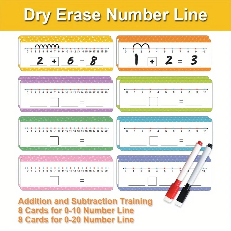 

8 Sheets Addition Subtraction Training Cards Dry Erase Number Line Card Math Manipulative Board for Kids Student Teaching Aids