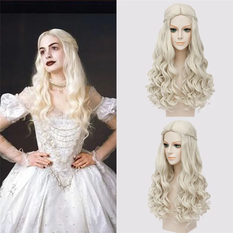 Biała królowa peruka do Cosplay blond falista długa warkocz stylizowane włosy syntetyczne alicja królowa włosy peruka kostium księżniczki