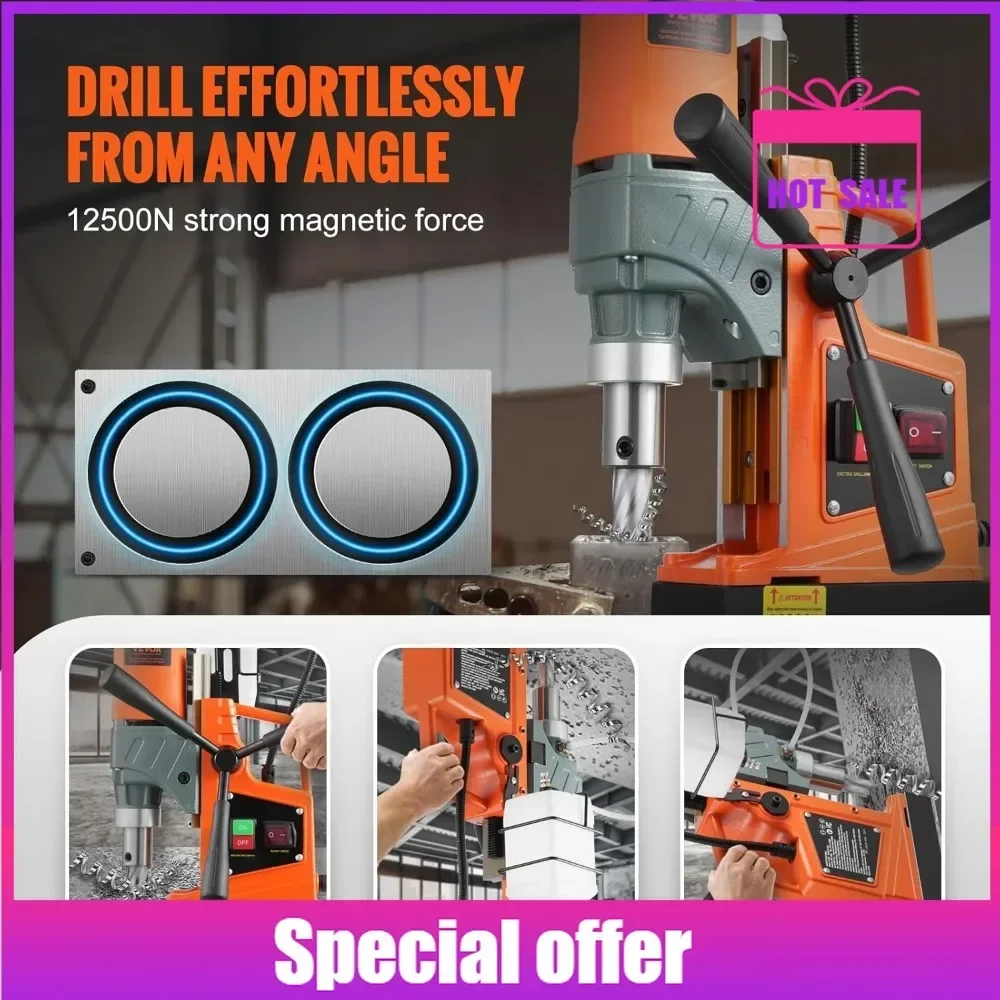 

Магнитный сверлильный станок Favorite мощностью 1300 Вт с диаметром сверления 1,57 дюйма, силой 2922 фунтов на кв. дюйм, скоростью 810 об/мин и набором из 11 сверл.