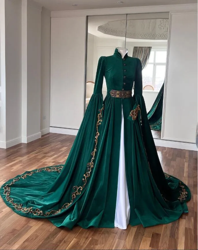 Hunter Green Velvet Muslim Arabic Caftan Prom Dresses Long Sleeve Embroidery Customsized Evening Gown Adyghe Festive Kaftan