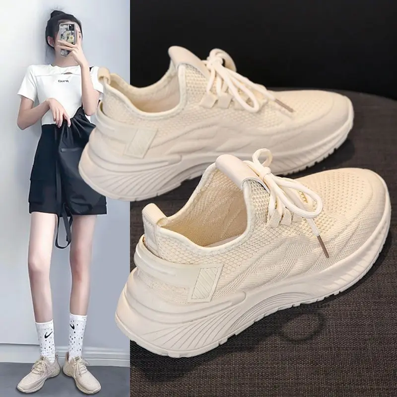 Women Breathable Mesh Sneakers Wave Thick Platform Height Increasing Lightweight Lace Up Daily Walking Sport Casual Shoes