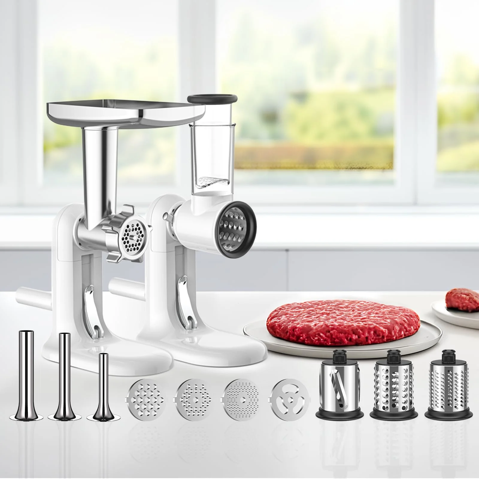 

GVODE Manual Meat Grinder & Rotary Cheese Grater with Handle with 3 Interchangeable Blades Sausage Maker with 4 Grinding Plates