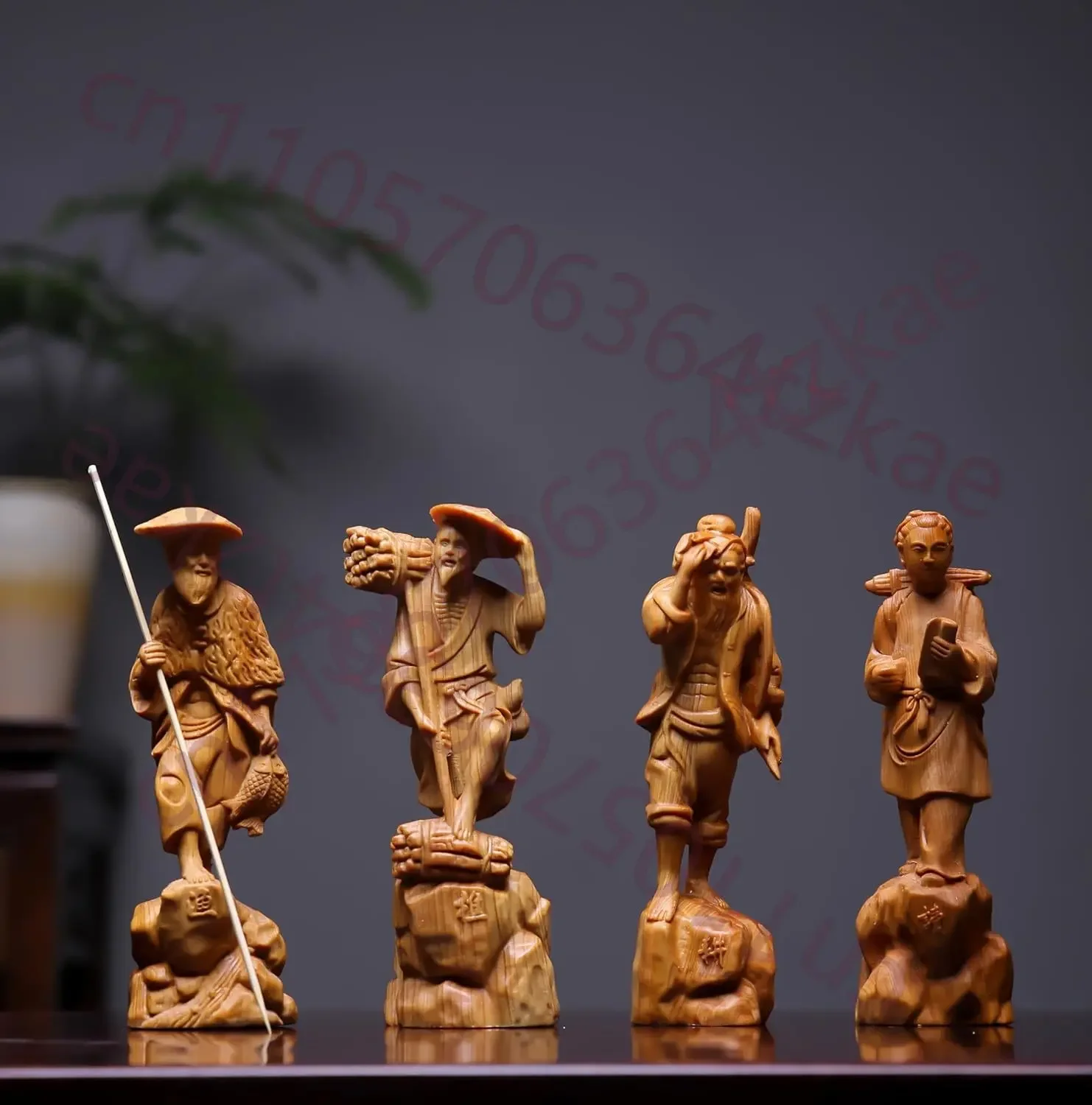 Hand Carved Solid Wood Fisherman Woodcutter Farmer Scholar Figurines Set of 4 - Rustic Chinese Statue Ornament for Home Office