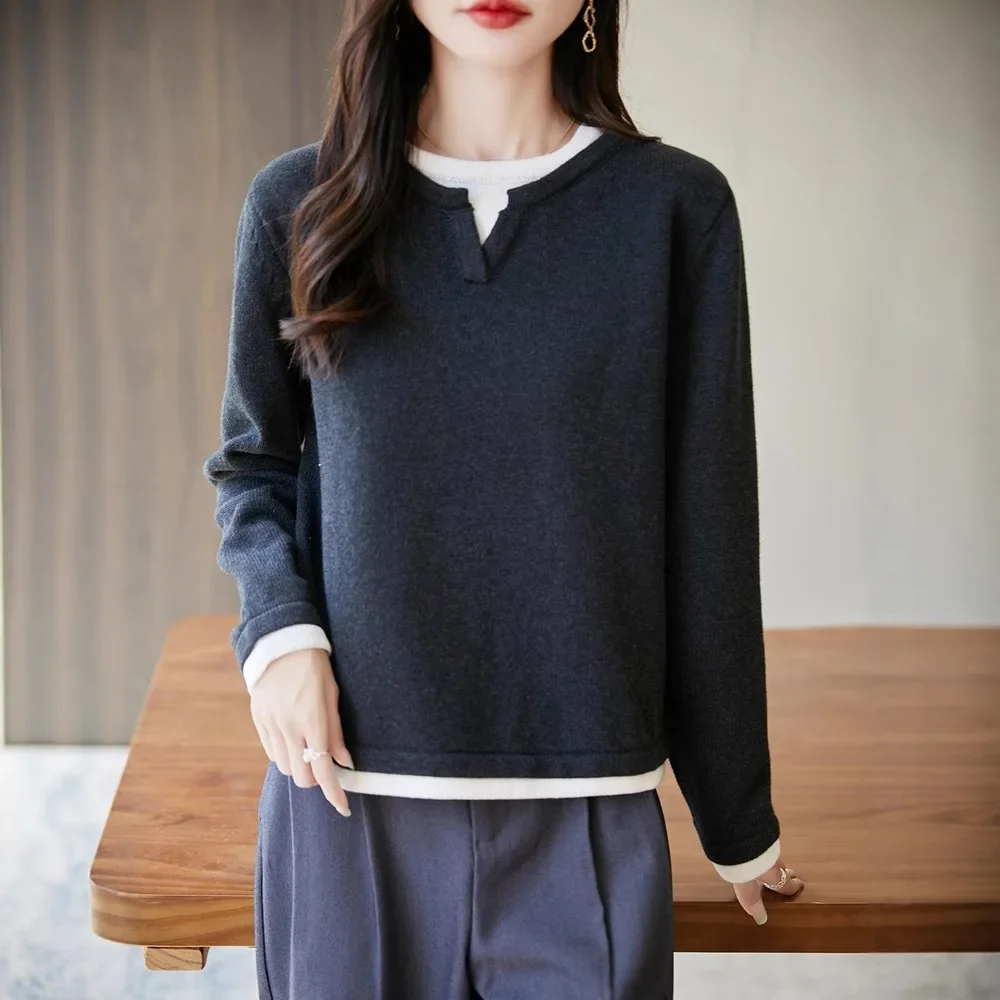 

Loose Fit Overhead Color Block Pure Cotton Thread Women's Base Layer Shirt Fake Two-Piece Crew Neck Long Sleeve Knitted Sweater