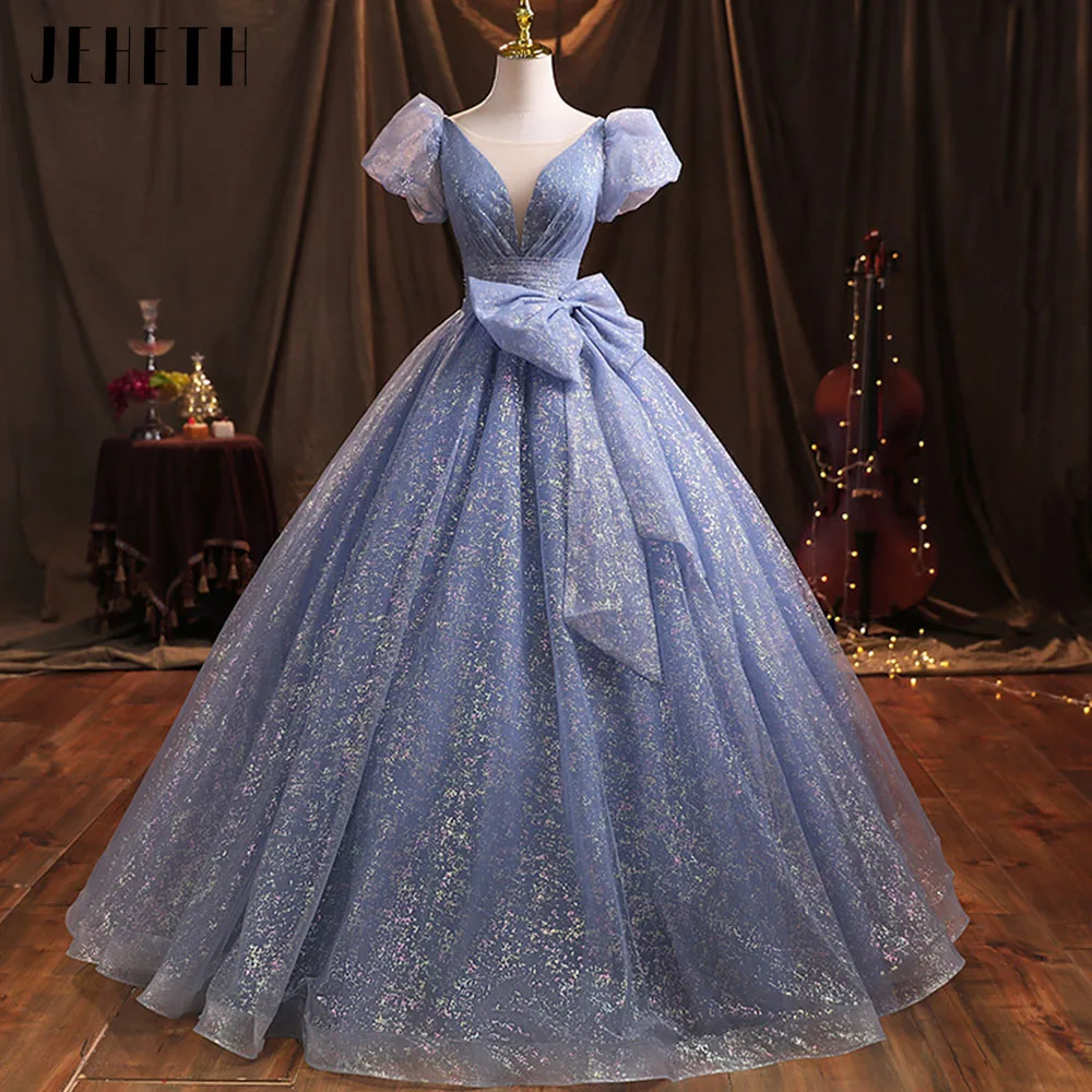 

JEHETH Real Photos Glitter Prom Gown Puff Sleeves Princess Birthday Dresses Sparkling robe de bal Formal Evening Party For Women