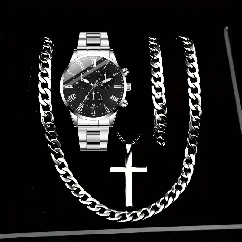 4pcs trendy handsome men's watch steel strap quartz watch strap necklace bracelet set suitable for daily wear and holiday gifts