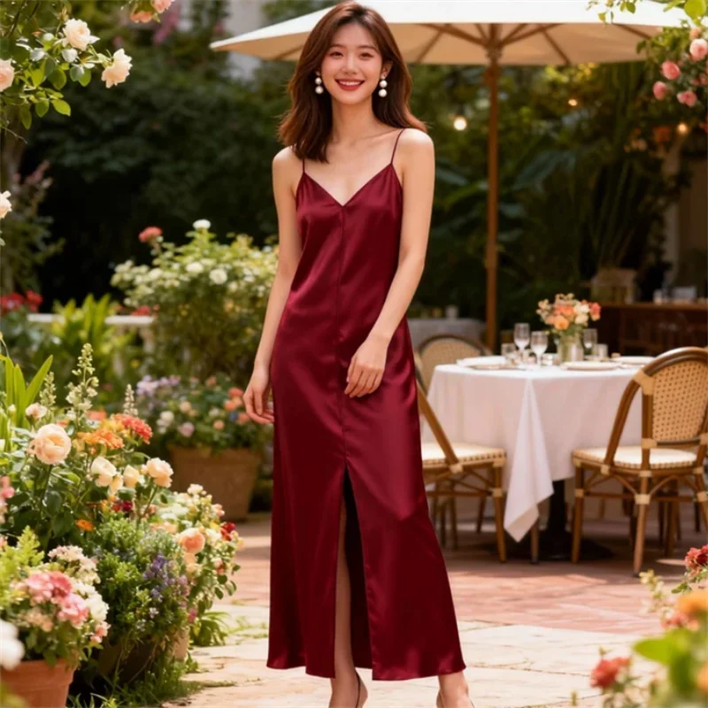 فستان نسائي عالي الشارع أنيق بتأثير الساتان سهل الارتداء لخريف/شتاء مجموعة جديدة فستان أنيق أنيق للسيدات #1