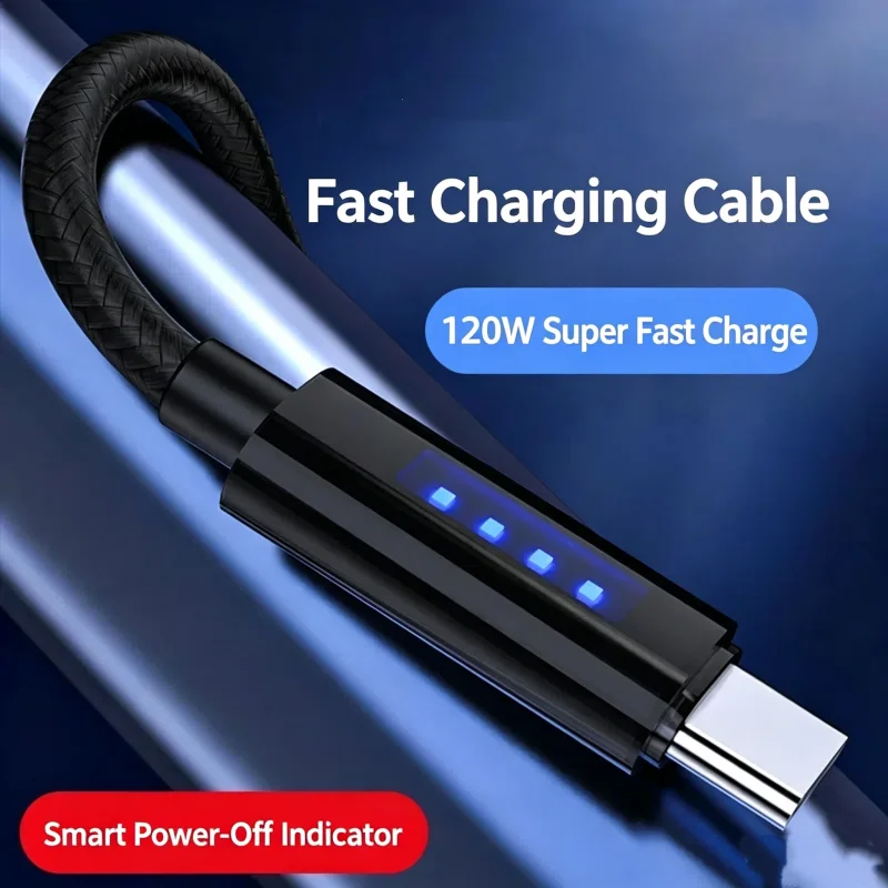 120W LED Glow Indicator USB A to Type C Fast Charging Cable Smart Auto Power Off Anti Overcharge Braided Cord 1M 1.8M Black