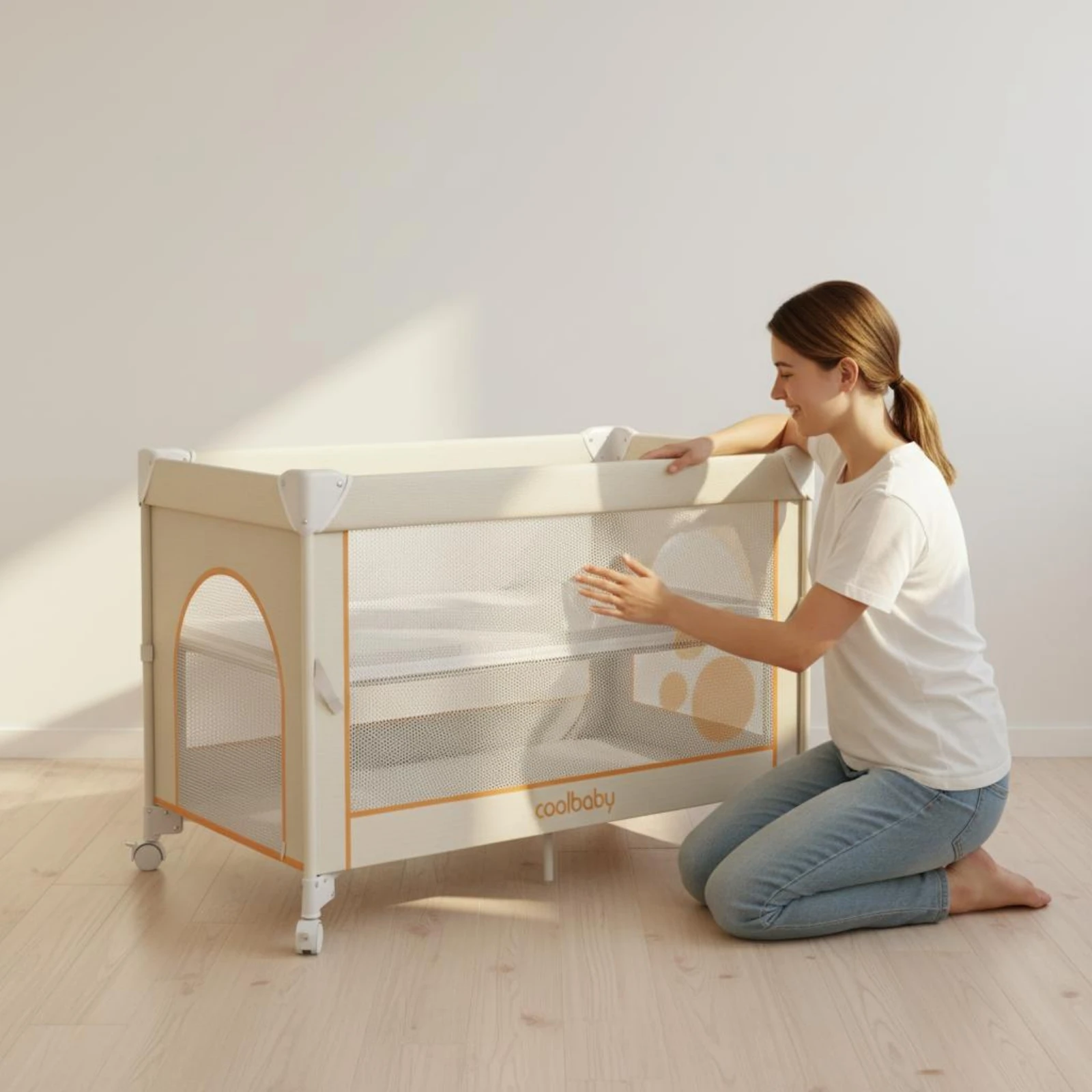 Bedside Crib Adjustable Height Portable Baby Crib Baby Bassinet Easy Assembly Nursery Furniture Large Space for Infants