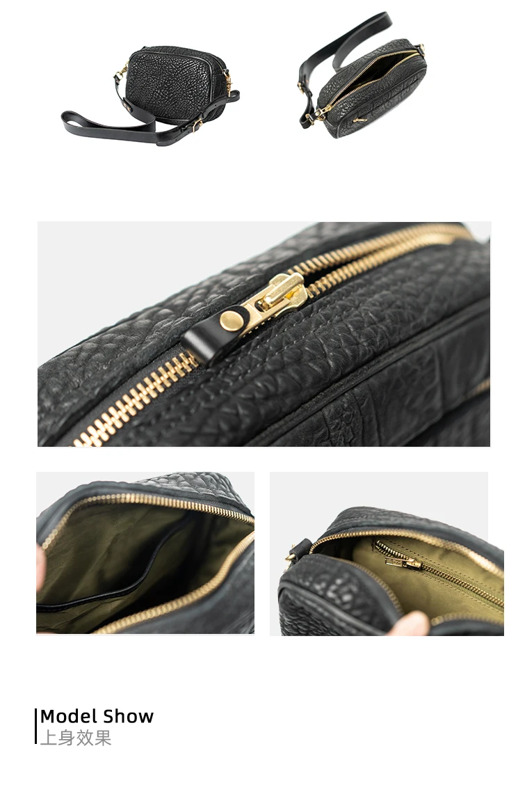 Casual designer handmade heavy cow leather men's black crossbody bag outdoor simple luxury natural genuine leather shoulder bag