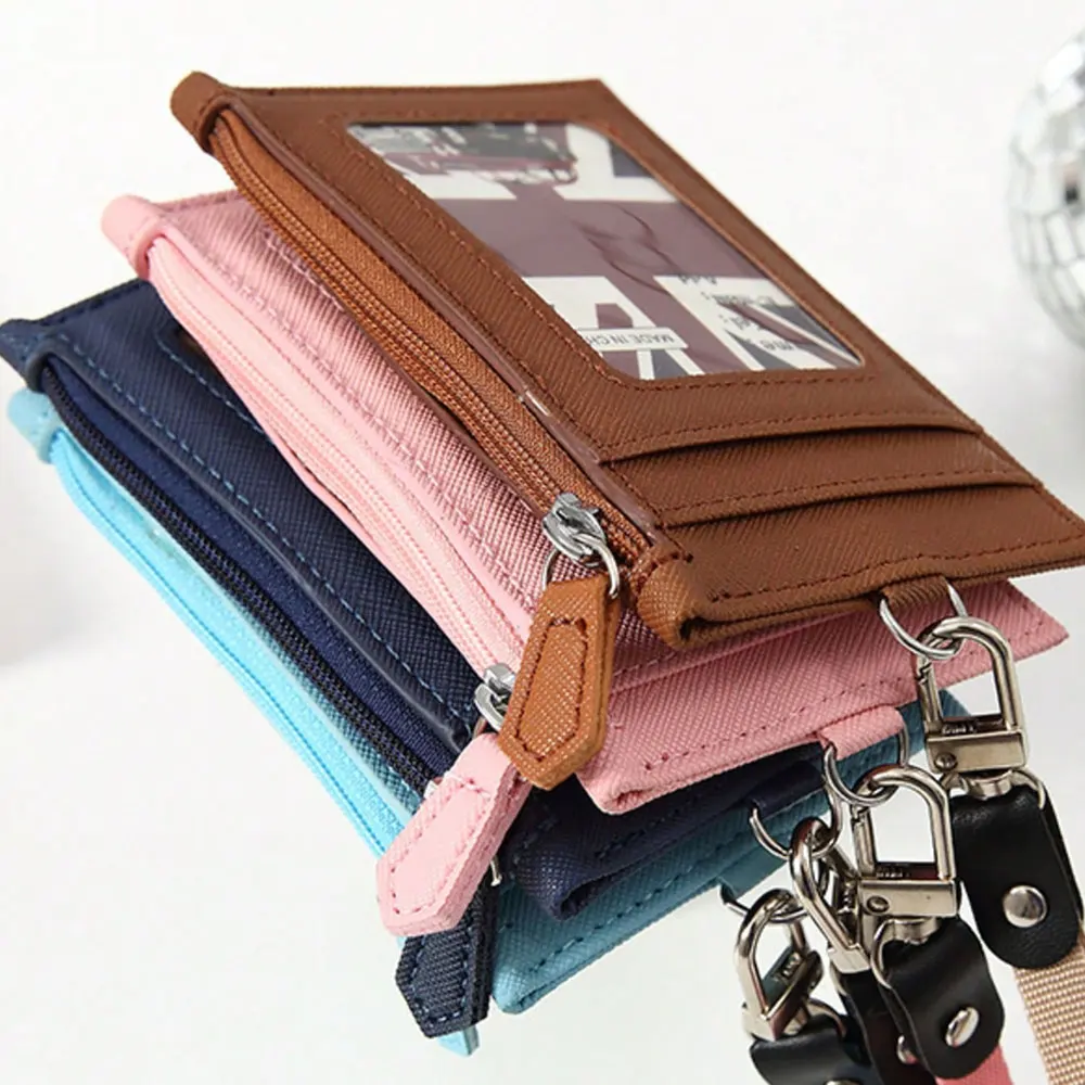 Casual Faux Leather Card Holder - 1 Zippered Id Holder with Lanyard - Unlined, Washable, Women's Wallet, Mini Wallet, Handbag, Student Supplies, Card Holder, Back-To-School Supplies