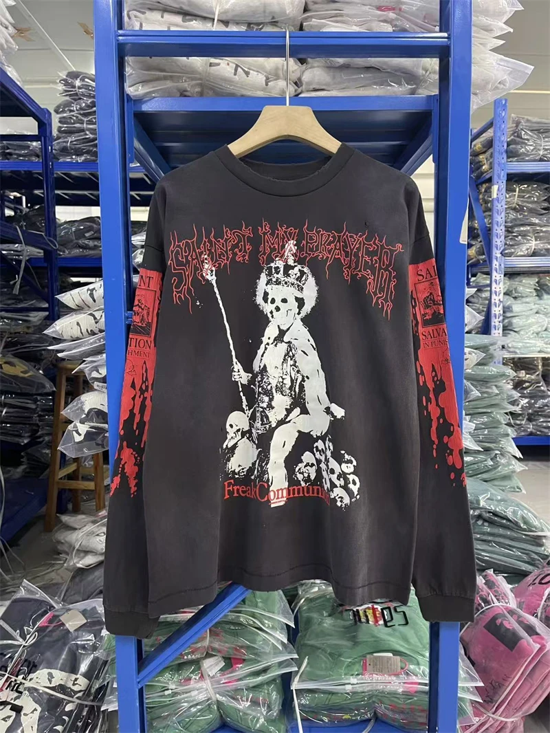 

25ss Vintage Saint Street Print Washed Long Sleeves Heavy Cotton Casual For Men Women Rock Hip Hop Oversize Round Neck Pullover
