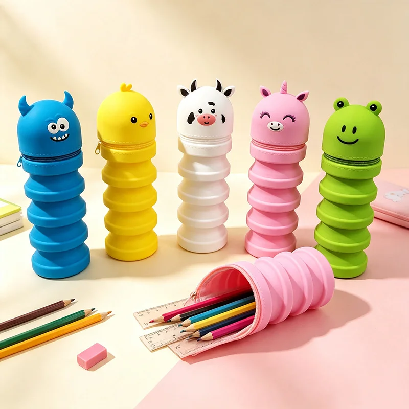 1PC Cute Cartoon Animal Telescopic Silicone Pencil Case Retractable Stand‑Up Pen Pouch Large Capacity Zipper Pen Bag School Gift