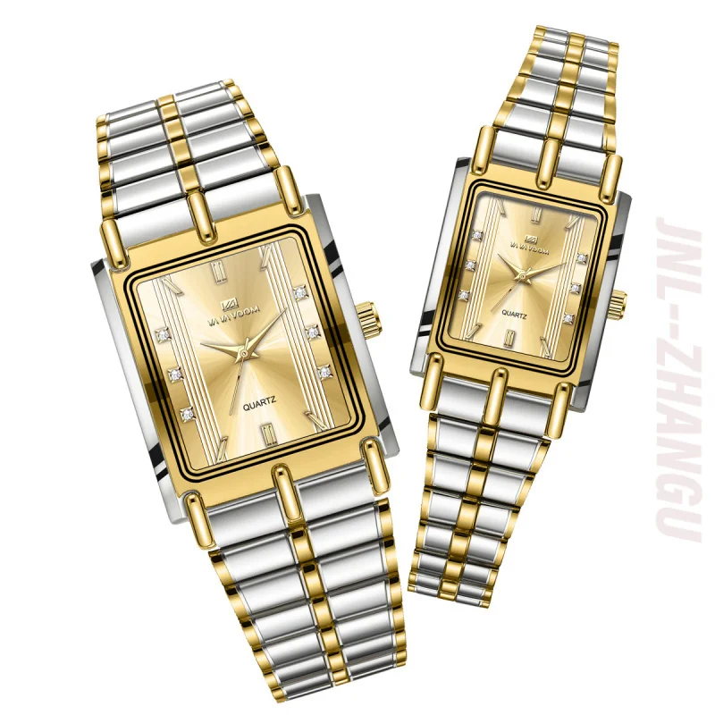 New Design Luxury Paired Stainless Steel Band Rectangle Case Quartz Watches Wholesale Diamond Business Couple Watch view 5